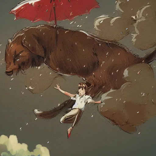 Image similar to giant cats and dogs are falling from the sky like rain, bystanders watching from the sides, 4 k, by miyazaki, monokubo, artstation,