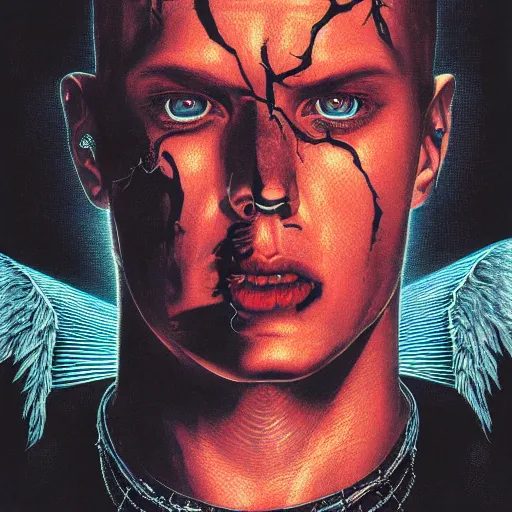 Prompt: portrait of eminem, vampire, symmetrical, by yoichi hatakenaka, masamune shirow, josan gonzales and dan mumford, ayami kojima, takato yamamoto, barclay shaw, karol bak, yukito kishiro