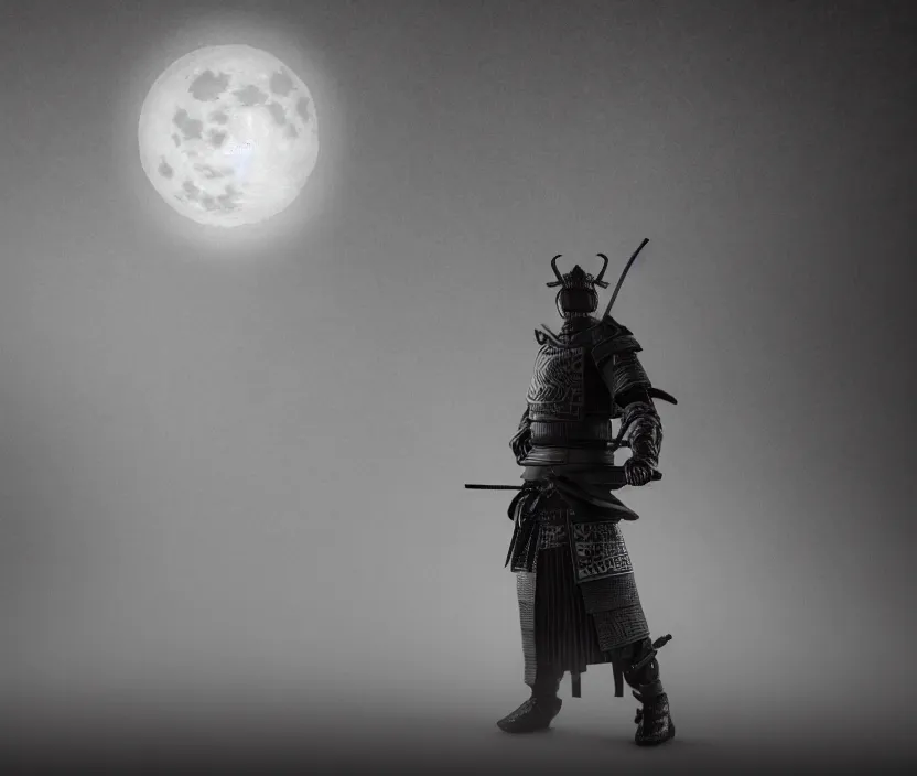 Image similar to '2d design graphic a samurai in the night ,big white moon background , gloomy and foggy atmosphere, octane render, horror scene, highly detailded , black and white ink '