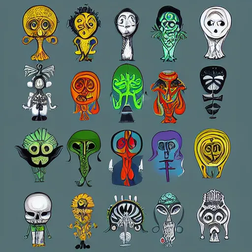 Prompt: detailed digital art of precolombine symbols by tim burton inspired