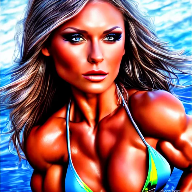 Prompt: ifbb bikini model, chrome, highly detailed, 4 k, hdr, smooth, sharp focus, high resolution, award - winning photo, artgerm, photorealistic