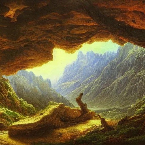 Image similar to a beautiful and highly detailed oil painting of a lost valley in the mountains, intricate details, epic scale, insanely complex, 8 k, sharp focus, hyper realism, fantasy landscape, psychedelic, by caspar friedrich,