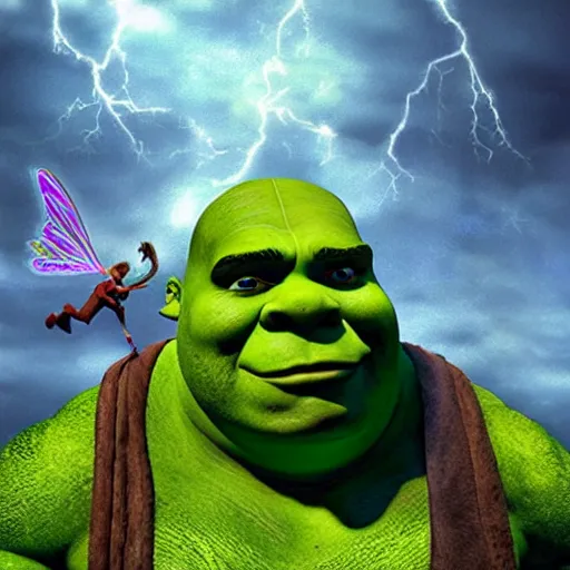 Image similar to giant shrek with wings, thunderstorm, swamp, realism, flying fairies, hot summer chill