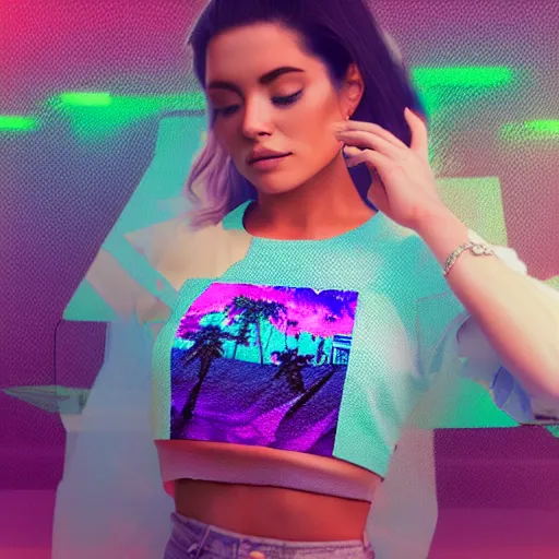 Image similar to realistic product mock up of a woman wearing an all over print crop top in the style of vaporwave and synthwave, 8 k realistic photo