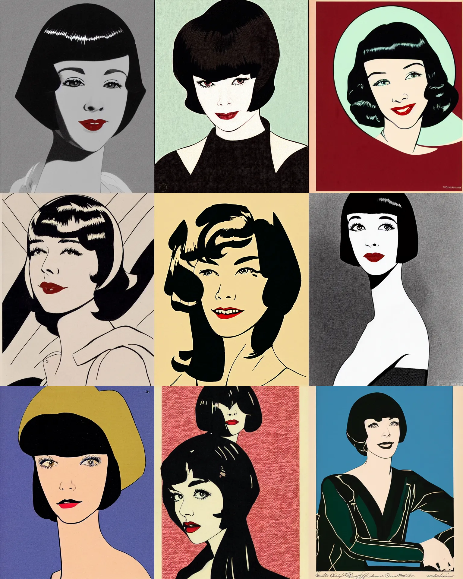 Prompt: Colleen Moore 25 years old, bob haircut, portrait by Patrick Nagel