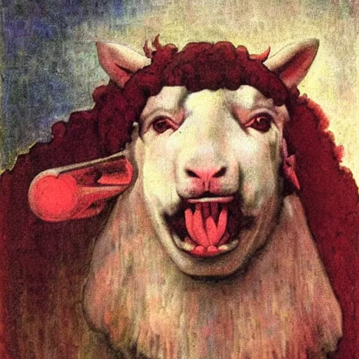 Image similar to A sheep with red whool an pointy vampire teeth by Annie Swynnerton and Nicholas Roerich and jean delville, strong dramatic cinematic lighting, smooth, sharp focus, extremely detailed