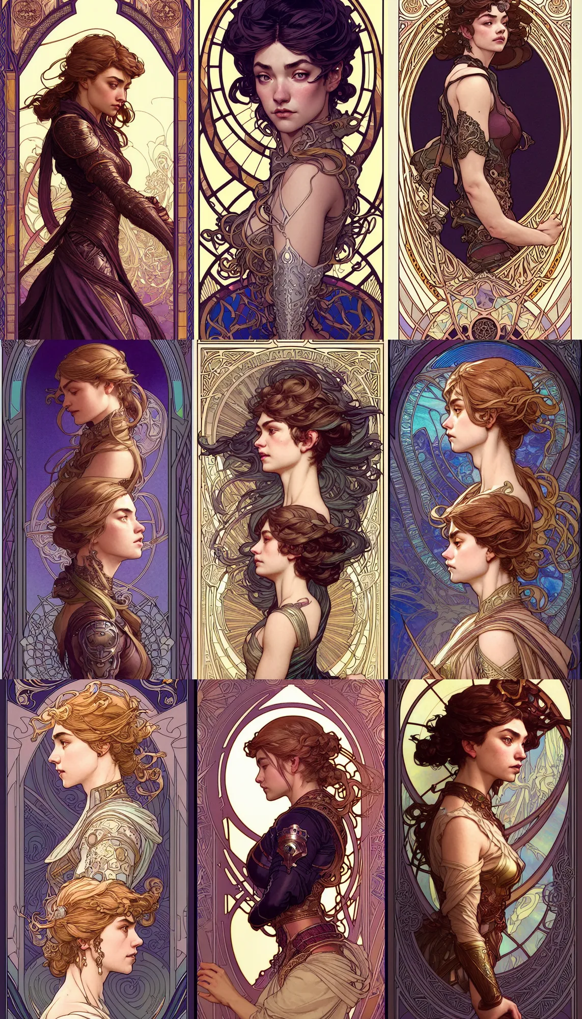 Prompt: side profile centered portrait, imogen poots paladin, by artgerm, cushart krenz, greg rutkowski. art nouveau tarot card by mucha. gloomhaven. swirly intricate tarot stained glass linework background. gaudy colors, sharp edges. ultra clear detailed. 8 k. elegant