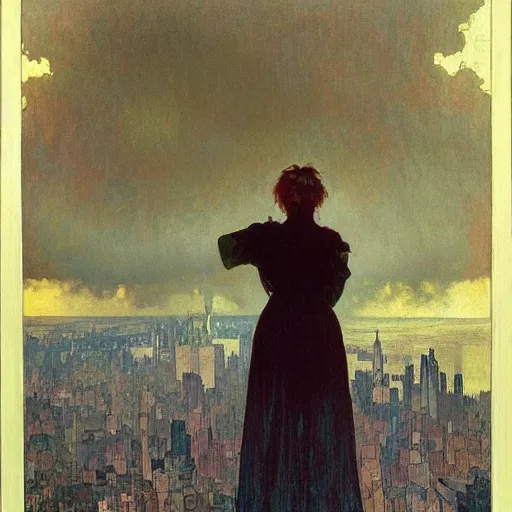 Image similar to “ a girl standing on a ledge looking down at a futuristic new york city below, fog, storm clouds, rain, detailed face, oil painting, by alphonse mucha ”