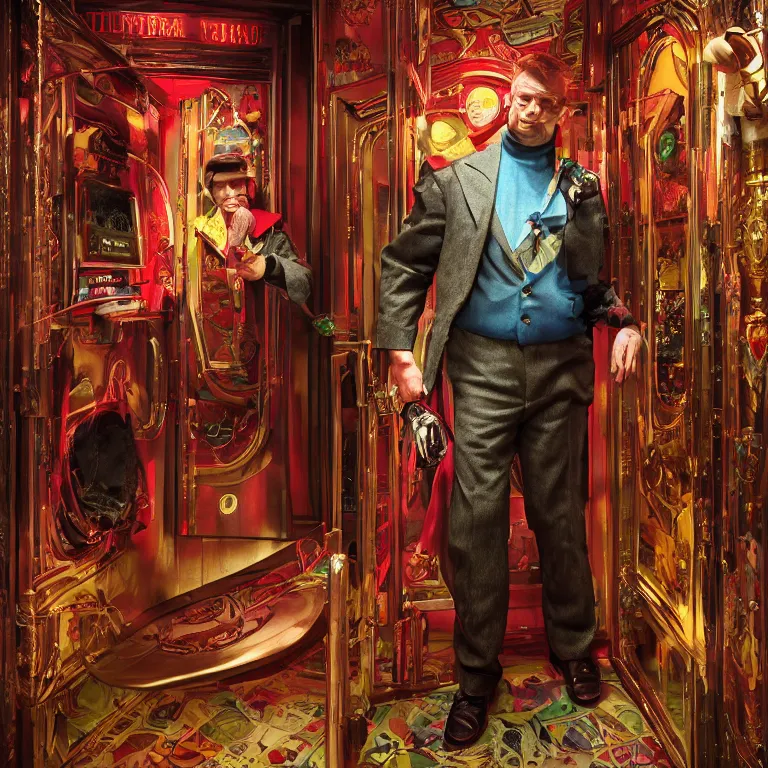 Image similar to professional octane render portrait by wayne barlow and carlo crivelli and glenn fabry, a flamboyant man in a bright colorful saturated wes anderson elevator operator costume inside a dark and moody vintage elevator in a high - end exotic vintage boutique hotel, very short depth of field, bokeh, gears of war