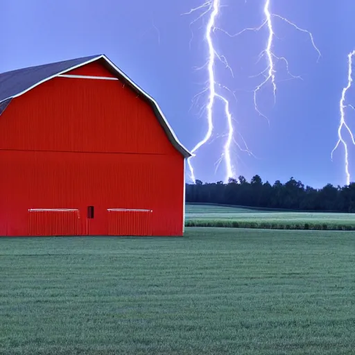 Image similar to lighting strikes at barn in the open fields, complementary colors