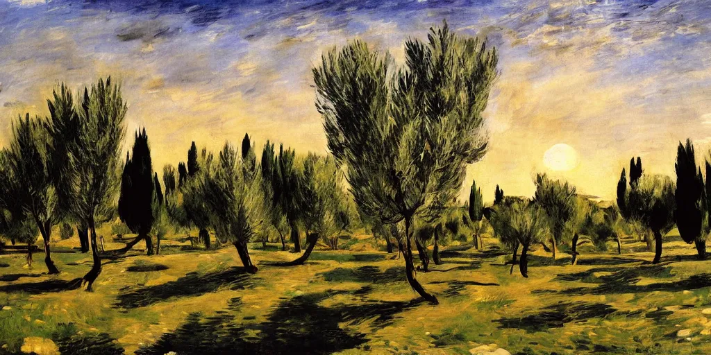 Image similar to flourishing blooming garden full of olive trees in italy, painting by manet, matte painting, canvas, 4 k, 8 k, high detail, golden hour, sunset, epic light, shadows, contrast,