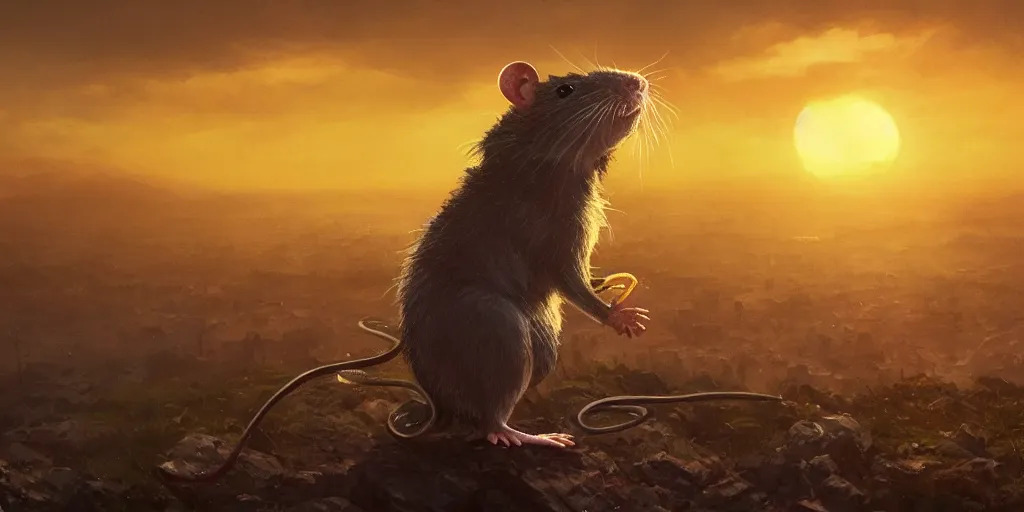 Image similar to rat enjoys the sunset, character sheet, colorful, contrast, 3 d scene, greg rutkowski, zabrocki, karlkka, jayison devadas, trending on artstation, 8 k, ultra wide angle, zenith view, pincushion lens effect