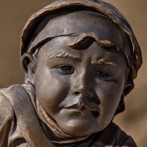 Prompt: high resolution photograph of a bronze cast sculpture of a sad peasant boy in the style of edmund kalb