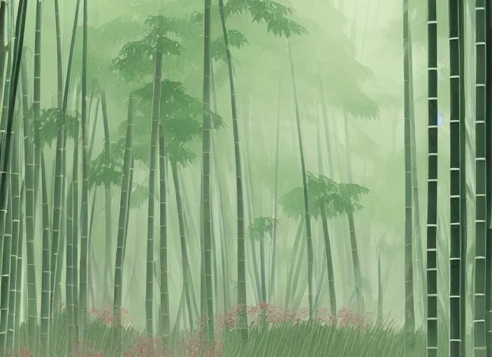 Image similar to deep in a misty japanese bamboo forest, small river, mountain background, sunny, cartoony, 9 0 s anime style, soft, moody lighting, by ghibli studio, makoto shinkai, toei animation, studio trigger, trending on artstation, 4 k, hd