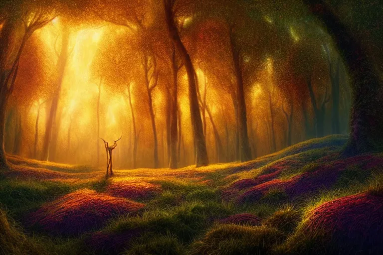 Image similar to vivid surreal landscape : : magic forest nature : : weta disney pixar movie still photo : : decadent highly - detailed digital painting, full length shot, golden, golden hour, galaxies, stars, light trails, ratio, octane render, artstation, smooth, sharp focus, artgerm, mucha, loish, wlop, gogo