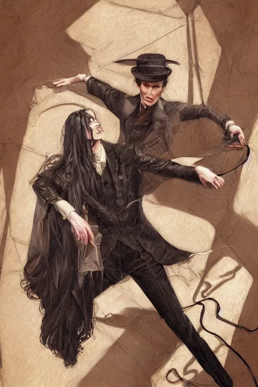 Prompt: skinny male magician, long dark hair, 1 9 2 0 s fashion, elegant, highly detailed, intricate, smooth, sharp focus, artstation, digital paining, concept art, art by donato giancola, cedric peyravernay, marc simonetti, valentina remenar, craig mullins