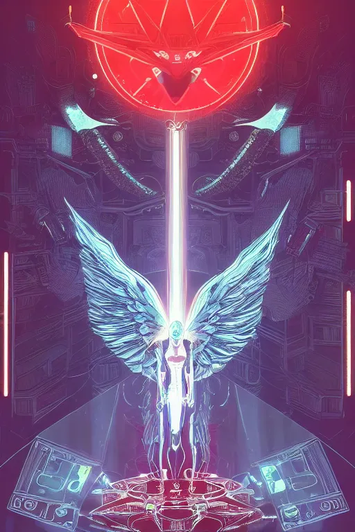 Image similar to white arc-angel with mystic robotic wings, blade runner, akira, ghost in the shell, 2077, style of Laurie Greasley and Satoshi Kon + symmetric lights and smoke, psychedelic effects , glowing particles, neon rain, glowing runes, de-noise, symmetrical composition, high detailed + tarot card, ornate border, 8k