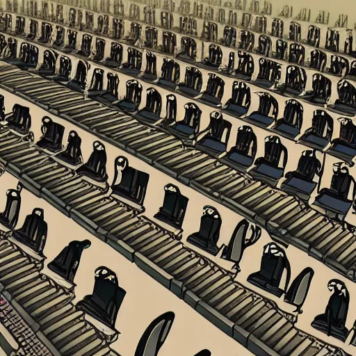 Image similar to ultrarealistic photo of an infinite number of monkeys sitting at desks typing on an infinite number of typewriters. Their desks are in even rows going off to infinity. isometric view. unreal engine.