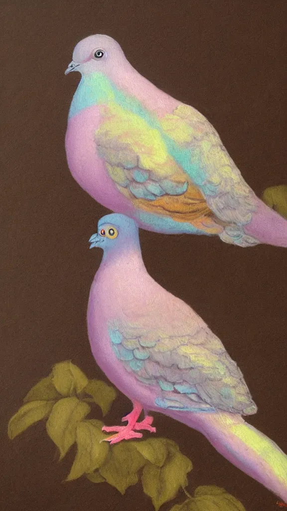 Prompt: rococo painting of a pigeon, pastel colour palette, iridescent