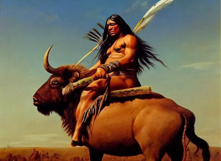 Prompt: powerful native american warrior!! beautiful native american sitting on bison, buffalo, nineteenth century painting, painted by frank frazetta