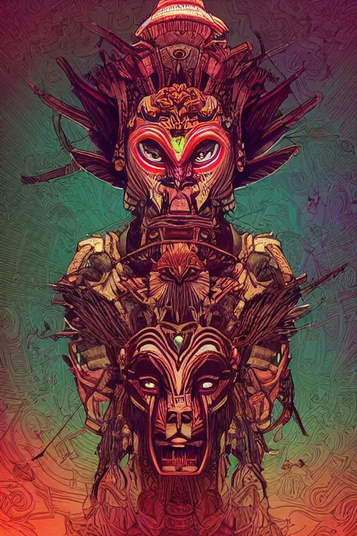 Image similar to totem animal tribal chaman vodoo mask feather gemstone plant video game illustration vivid color borderlands and by feng zhu and loish and laurie greasley, victo ngai, andreas rocha, john harris radiating a glowing aura