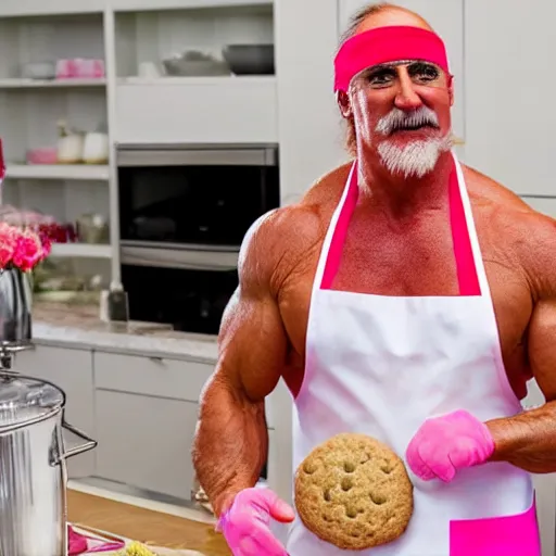 Prompt: Hulk Hogan baking cookies with a pink apron