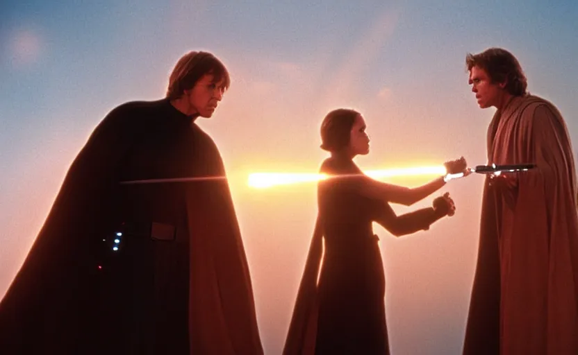 Image similar to iconic wide cinematic screen shot of luke skywalker dueling with a female sith lord, behind them is a detailed view of coruscant at sunset, from the thrilling scene from the 1 9 9 0 s sci fi film directed by ridley scott, moody cinematography, foggy volumetric lighting, hyper detailed scene, anamorphic lenses 2 4 mm, lens flare, award winning