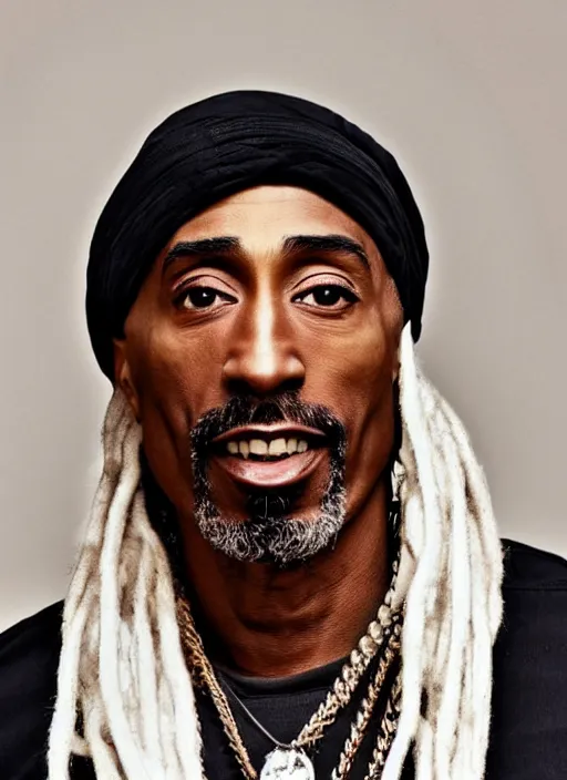 Prompt: dslr photo portrait still of 5 0 year old age 5 0 tupac at age 5 0, 8 5 mm f 1. 8, times magazine