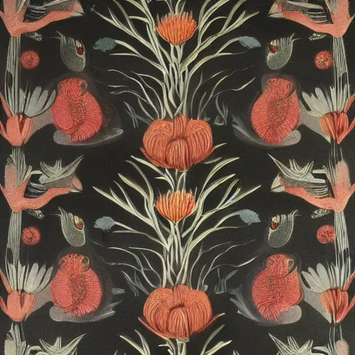 Image similar to wallpaper with flora and fauna, black background, designed by leonora carrington