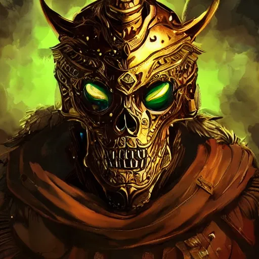 Prompt: a golden wolf skull face warrior with emeralds in his forehead, Apex Legends character digital illustration portrait design, by android jones, detailed, cinematic lighting, wide angle action dynamic portrait