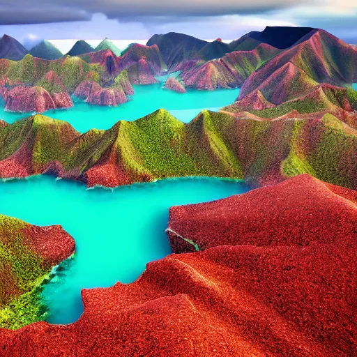 Prompt: a photorealistic high quality image of a green island with red mountains and endless rivers pouring out into an ocean from a plateau