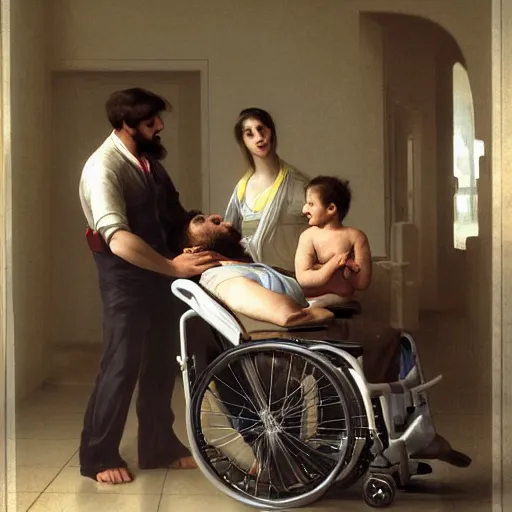 Image similar to a male patient in a wheelchair in the hospital with his wife and son standing by. happy, cheerful, smiling, intricate, face enhance, sharp focus, cinematic lighting, featured in artistation, 8 k, art by greg rutkowski, william adolphe bouguereau