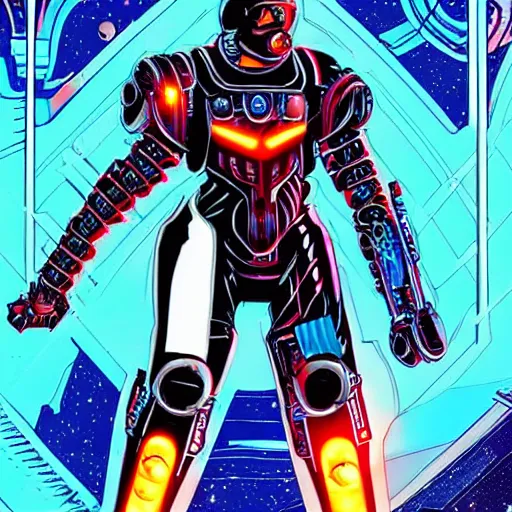 Prompt: a cyborg knight wearing space armor and holding a laser lance, cyberpunk, futurustic, red white and gold color scheme