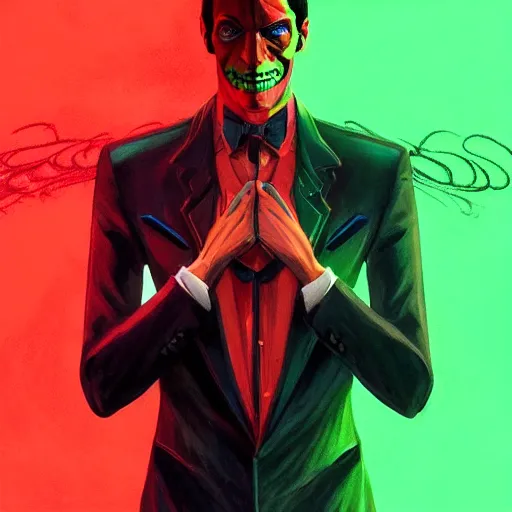 Prompt: portrait of a confident skinny dark haired man with a scar on his face wearing a red suit as an evil crime boss, high detail, concept art, neon color, vivid color, floating particles, glowing green eyes, background by john harris + roger dean, artwork by charlie bowater + artgerm