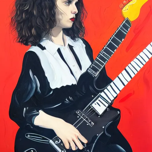 Prompt: Anna Calvi playing electric guitar, oil painting by Martine Johanna