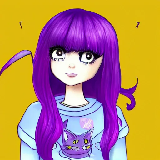 Prompt: Twitter profile picture of an illustrated catgirl with purple hair