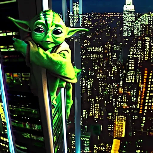 Prompt: baby yoda on a skyscraper in New York at night, cinematic