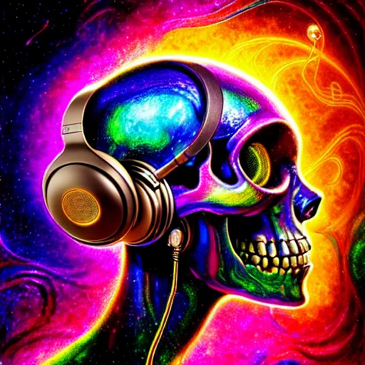 Image similar to portrait of a fantasycore glitchcore deformed skull wearing headphones. intricate abstract. intricate artwork. celestial. prismatic, by josephine wall, pixar, ghibli. octane render, CGSociety very coherent symmetrical artwork. cinematic, hyper realism, high detail, octane render, 8k, holographic accents