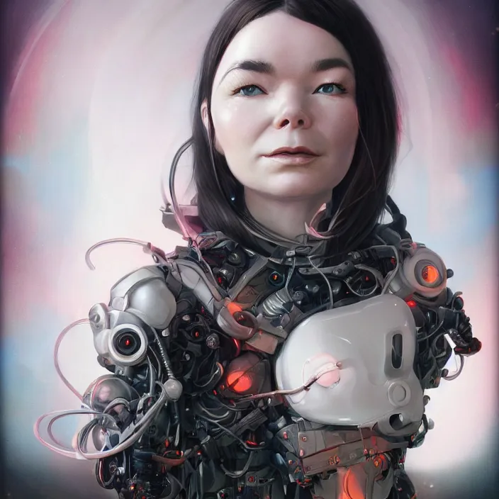 Image similar to portrait of bjork as a cyborg - by tom bagshaw, by ilya kuvshinov, rtx rendering, octane render 1 2 8 k, maya, extreme high intricate details by wlop, digital anime art by ross tran, medium shot, close up shot, composition by sana takeda, dramatic lighting by greg rutkowski, 8 k, trending on artstation