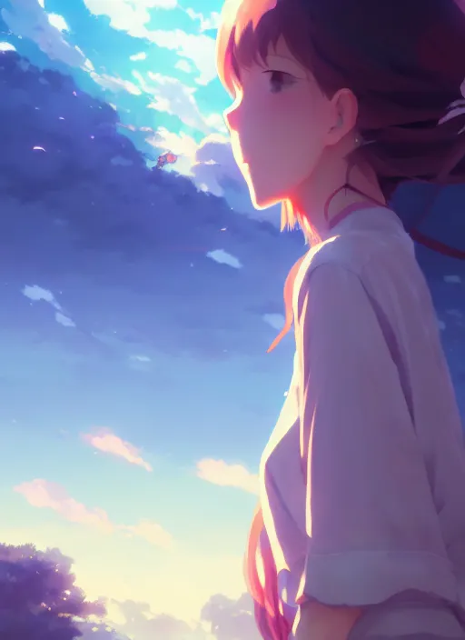 Image similar to portrait of cartoon girl, cloudy sky background lush landscape illustration concept art anime key visual trending pixiv fanbox by wlop and greg rutkowski and makoto shinkai and studio ghibli