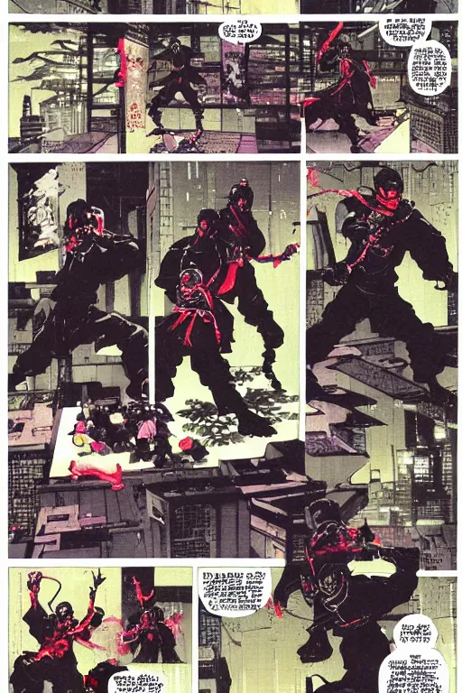 Prompt: Cybernetic Taoist martial-artist robotic shinobi ninja samurai sifu practicing qi-gong, chi-gong, kung-fu upon a city rooftop dojo with bonsai trees decorating the place. Dynamic, delirious, creative panel style by Bill Sienkiewicz. Heavy chromatic abberation. Visual distortion. Sci-Fi cyberpunk Comic page made up of art by the best artists Trending on Artstation. Octane render, Raytracing, 3d masterpiece, fantastic lighting by James Gurney. Noir detective genre.