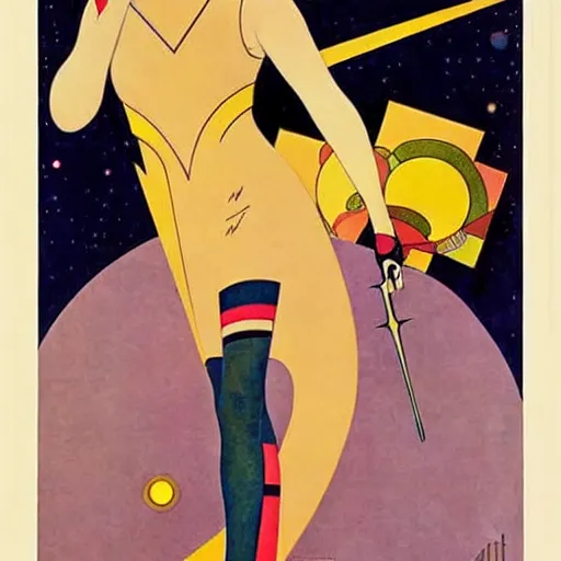 Prompt: Art by Coles Phillips, Eva Green as Space Commander Zeta from the Year 3000, Mucha, Kandinsky,