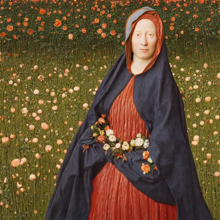 Image similar to a closeup portrait of a woman wearing a cloak made of plastic an mud, in an infinite landscape of flowers, photograph by jan van eyck, canon eos c 3 0 0, ƒ 1. 8, 3 5 mm, 8 k, medium - format print