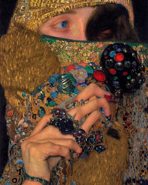Image similar to a close up of beautiful wearing a balaclava surrounded by colourful intricate patterns, by gustave klimt edgar maxence and caravaggio and michael whelan, intricate painting, hyper realistic, extremely detailed and beautiful aesthetic face, 8 k resolution