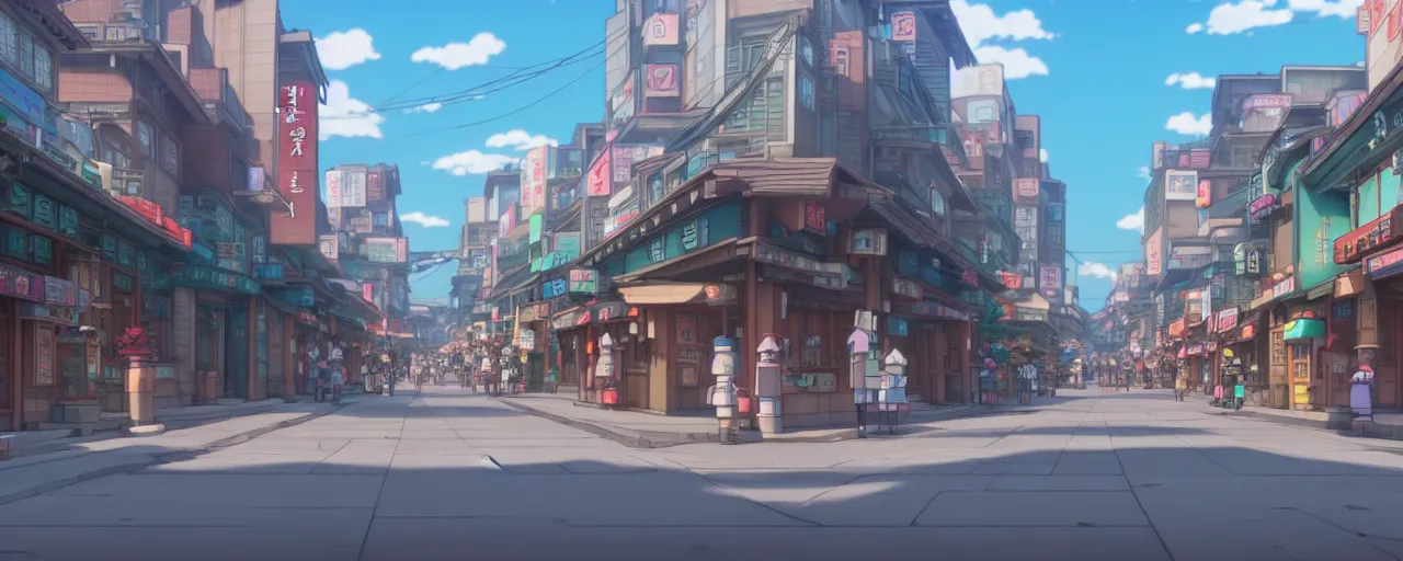 Prompt: A screenshot of the seoul city street in the scene in the Ghibli anime film, pretty rim highlights and specular