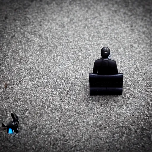 Image similar to macro photography of a tiny plastic depressed man in a suit, sitting on a bench with his cat, 3 5 mm macro shot,