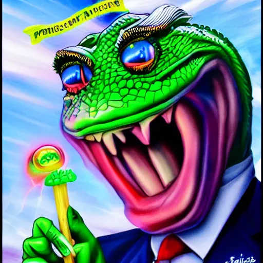 Image similar to president trump is a smiling laughing bright green lizard person, airbrush painting, epic scale, lens flare, glittering popsicle, hyper detailed, 8 k.