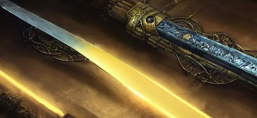 Image similar to legendary sword of cybernetic technology lying flat on a glowing table, digital award winning hd matte painting, intimate dark moody, intricate, long sharp black and iridescent blade, ornate spikes, colorful hilt, detailed realistic, raytraced blade, colored gems, golden pommel, in the style of greg rutkowski and krenz cushart, deviantart