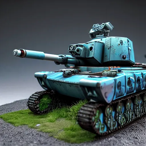 Image similar to a futuristic battletank with blue camouflage paint, long main gun, heavy machinegun on top, science fiction, coherent, studio lighting, zoomed out product photography, simon stalenhag, detailed painted games workshop miniature