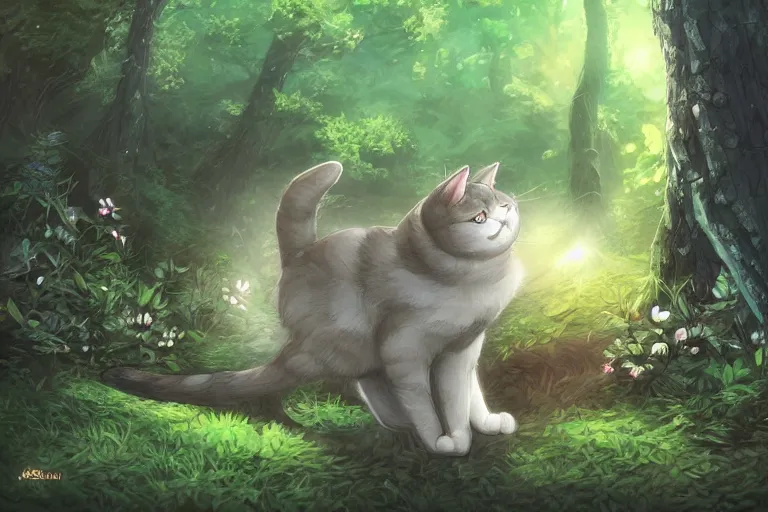 Prompt: a cat in a forest, highly detailed, digital art, trending on artstation, backlighting, by kawacy, by ken sugimori, fan art